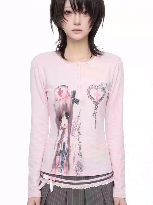WEBBAR Pink Anime Cartoon Graphic Long Sleeve T-Shirt - view 2