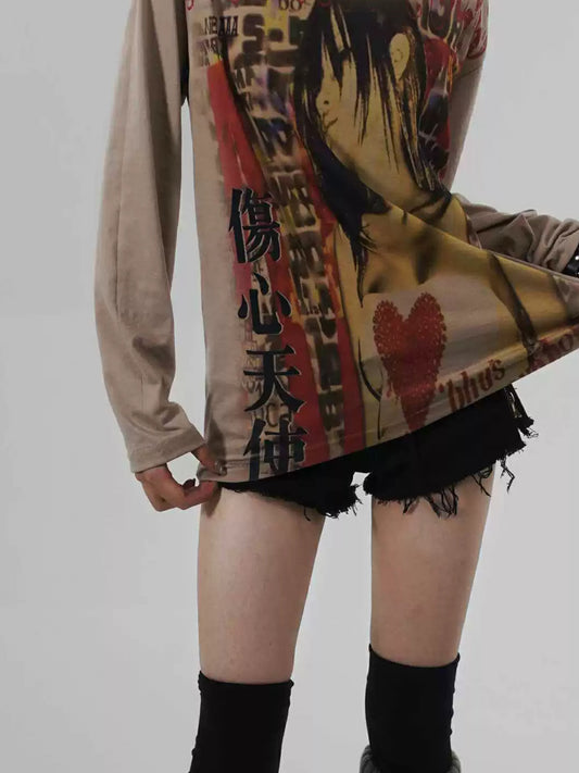 WEBBAR Y2K Manga Style Brown Long Sleeve T-Shirt - view 2