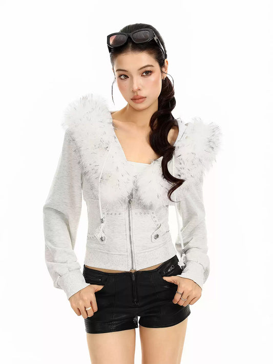 BIGGOLD Short Detachable Fur Trim Hooded Zip Jacket - view 2