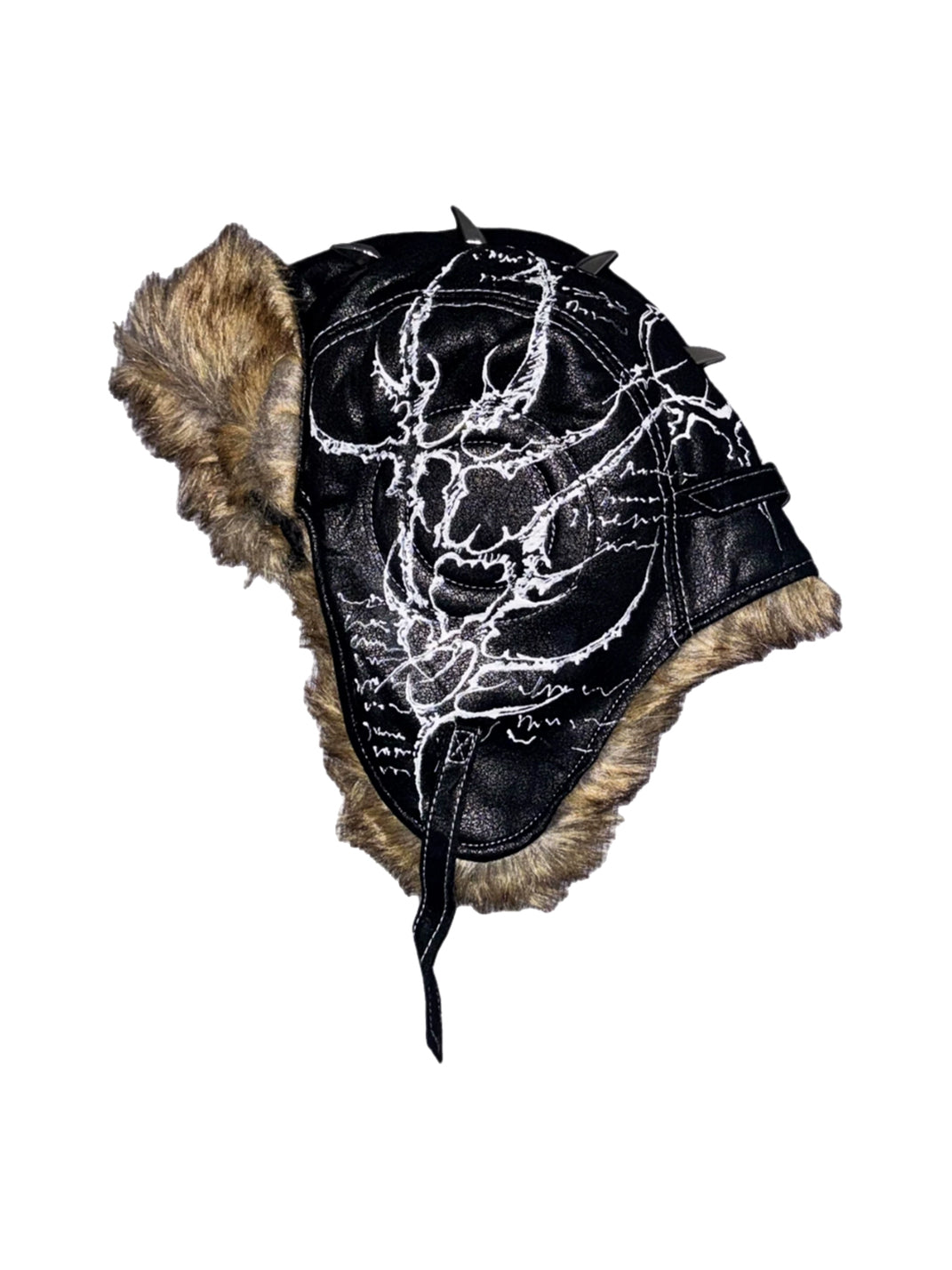 Carol's here Spike-Accented Patterned Leather Earflap Hat - Black
