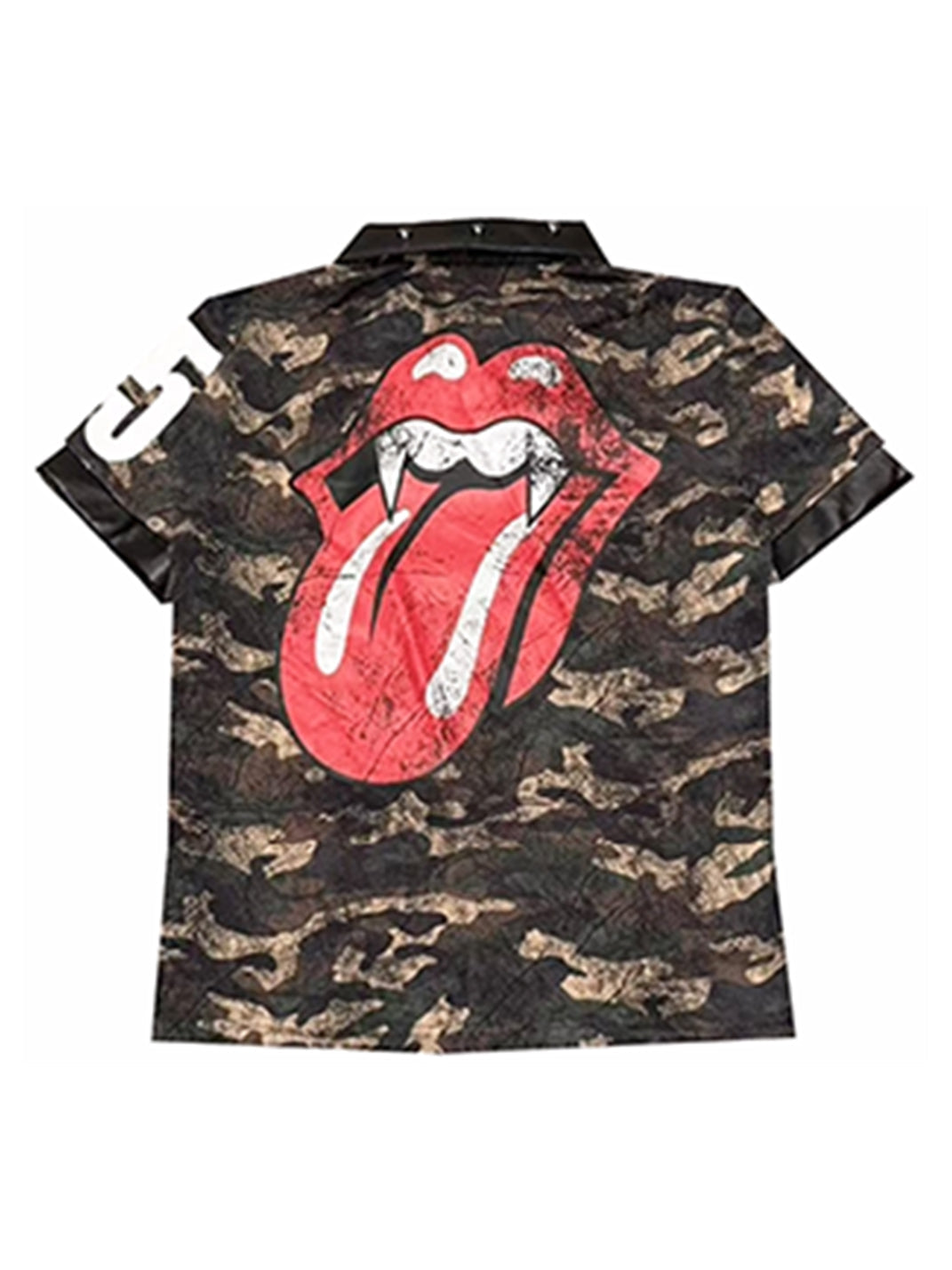 DETW Silver Hot Stamping Tongue Graphic Leather Spliced Rivet Polo T-Shirt - view 9