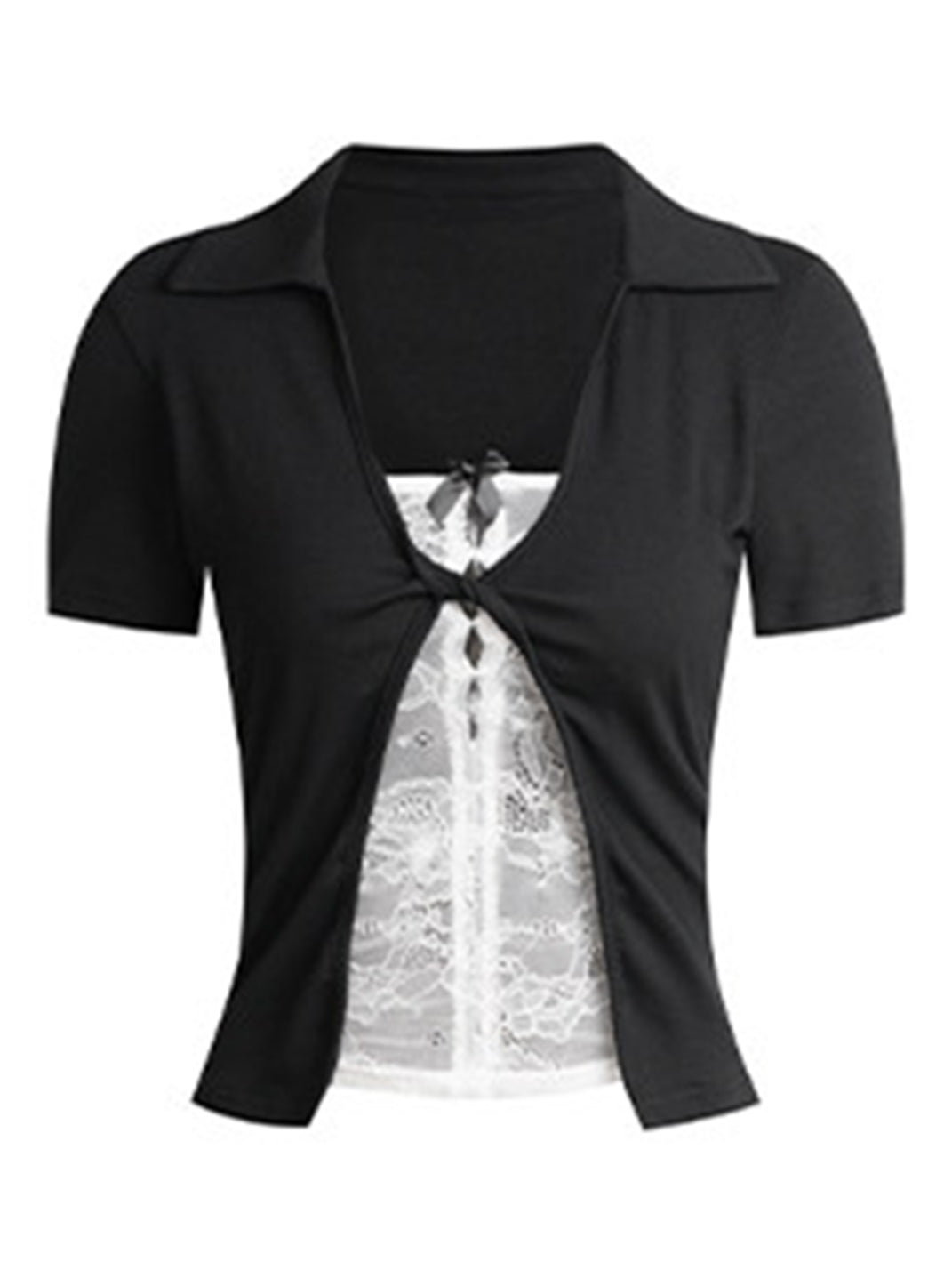 BIGGOLD V-Neck Faux Two-Piece Lace Spliced T-Shirt - view 9