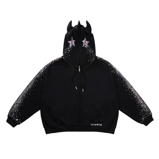 CFIERCE Crying Unicorn Rhinestone Zip Hoodie - black zip hoodie with horned hood and rhinestone star eyes