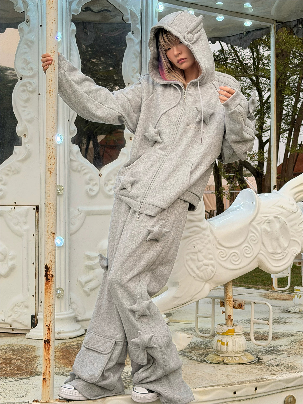 CFIERCE Raised Star Flared Sweatpants - gray raised-star flared sweatpants styled full outfit by carousel