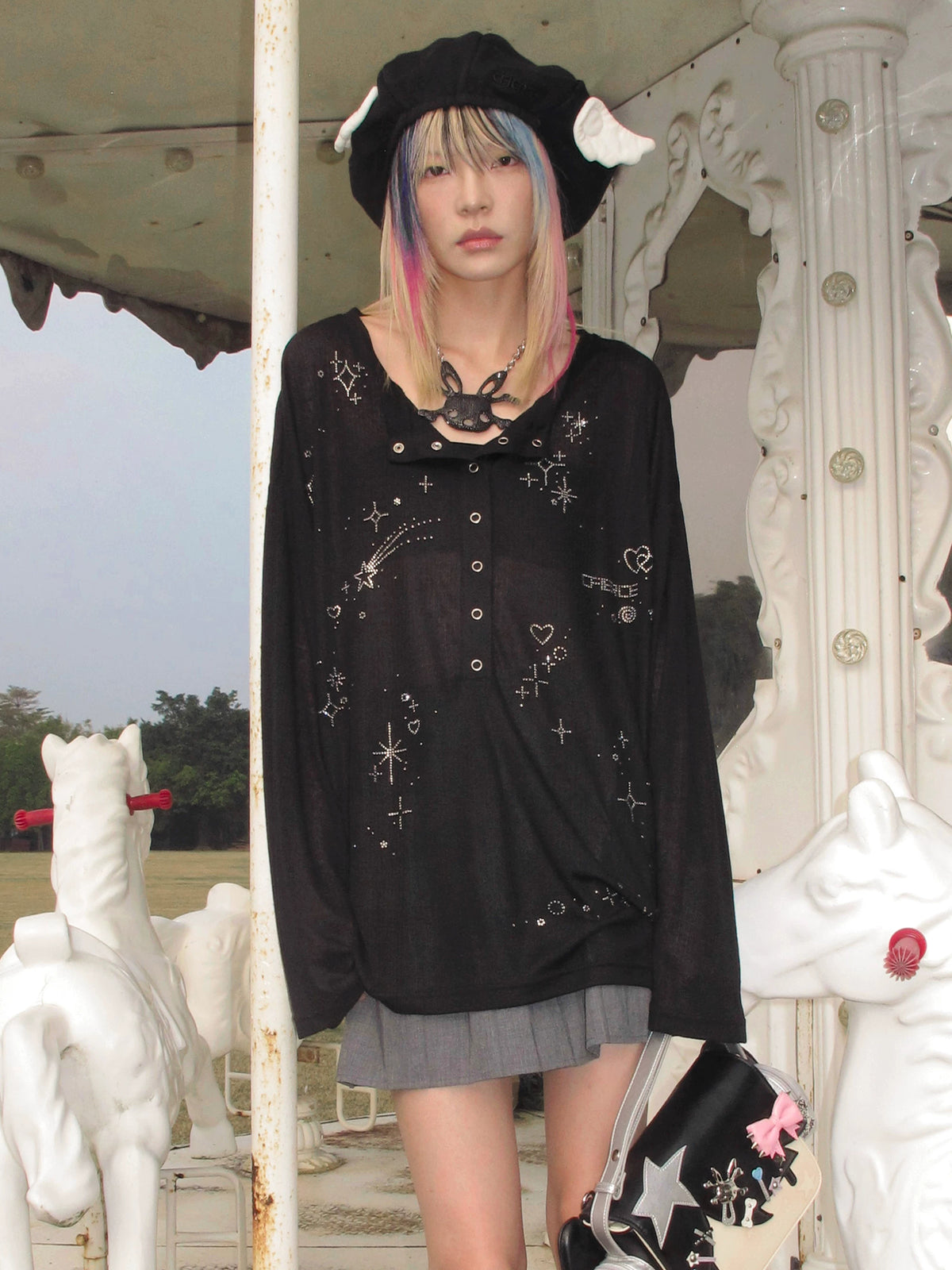 CFIERCE Starlight Rhinestone Henley Top - model view 4