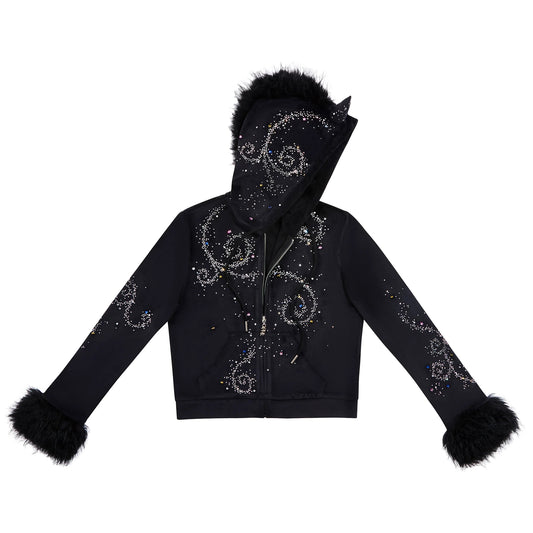 CFIERCE Unicorn Rhinestone Velour Zip Hoodie - black hoodie front on white