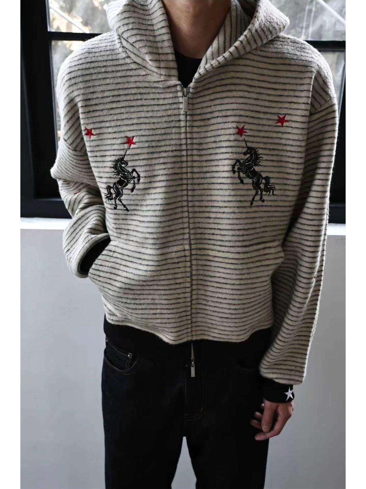 WANNA LAB Star Unicorn Embroidered Fuzzy Striped Cropped Zip-Up Hoodie - Apricot Stripe front close-up on model