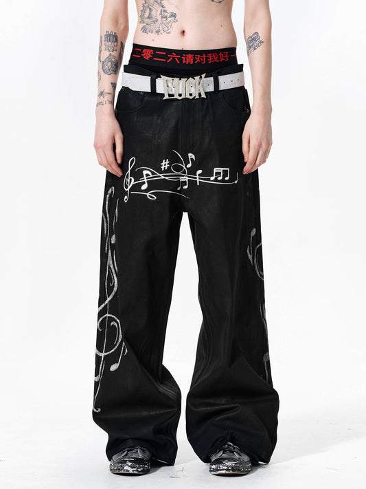 Fourth3ex Waxed Denim Music Note Print Straight Jeans - Black front