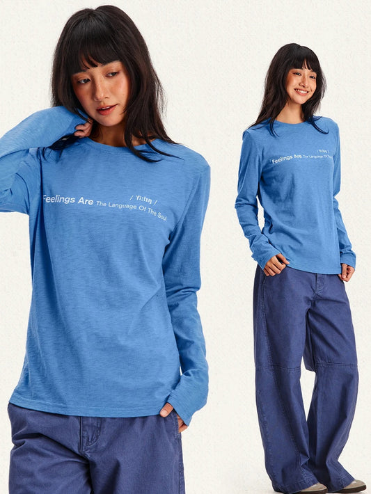 Feelings Slogan Print Slub Cotton Long Sleeve Tee - Blue on model