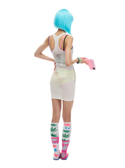 Sheer printed tank dress back on model