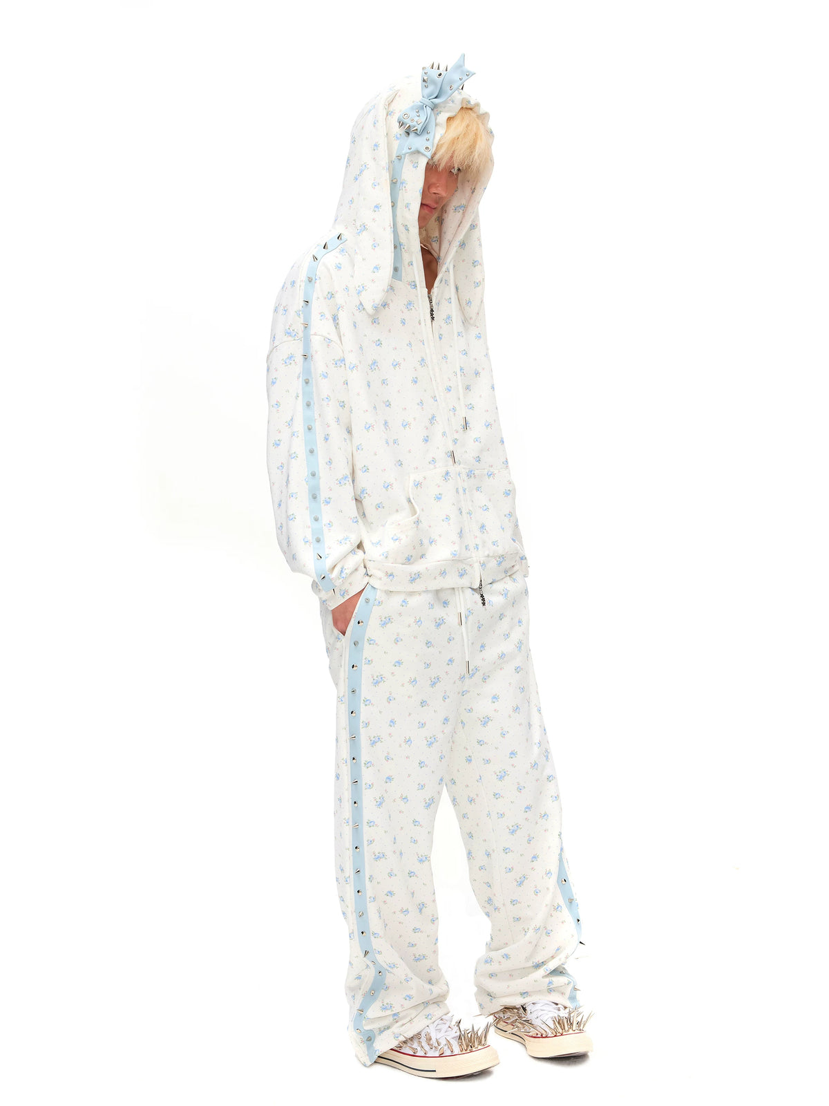 CFIERCE Blue Rose Studded-Stripe Sweatpants - side look on model