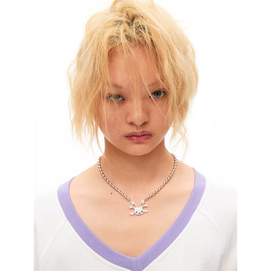 CFIERCE Rhinestone Bunny Skull Mini Necklace - white rhinestone bunny-skull mini necklace worn by model