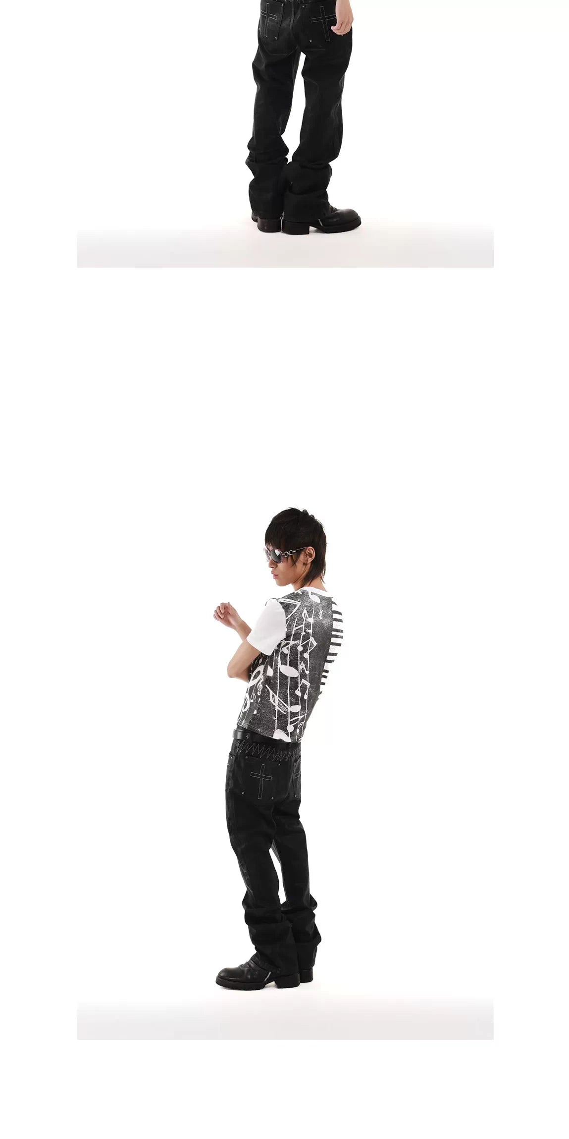 DETW Rhinestone Music Note Print T-Shirt - White back side styling