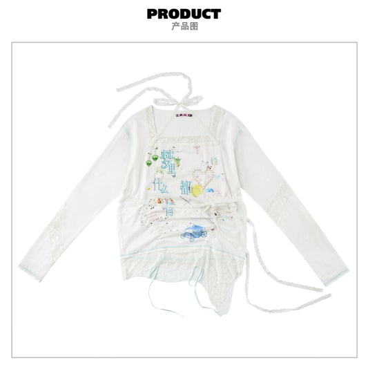 CFIERCE Dream Slogan Lace Drawstring Top - white dream-slogan lace drawstring top product front on white background