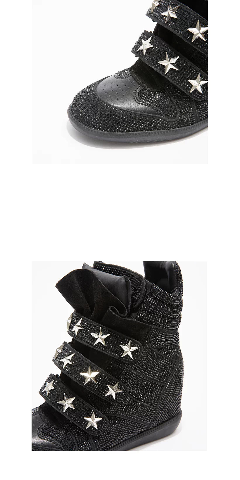 DETW Rhinestone Star-Strap Wedge Sneakers - Black rhinestone and star-strap close-ups