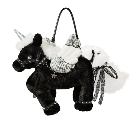 CFIERCE Plush Winged Unicorn Handbag - black plush winged unicorn handbag product side view