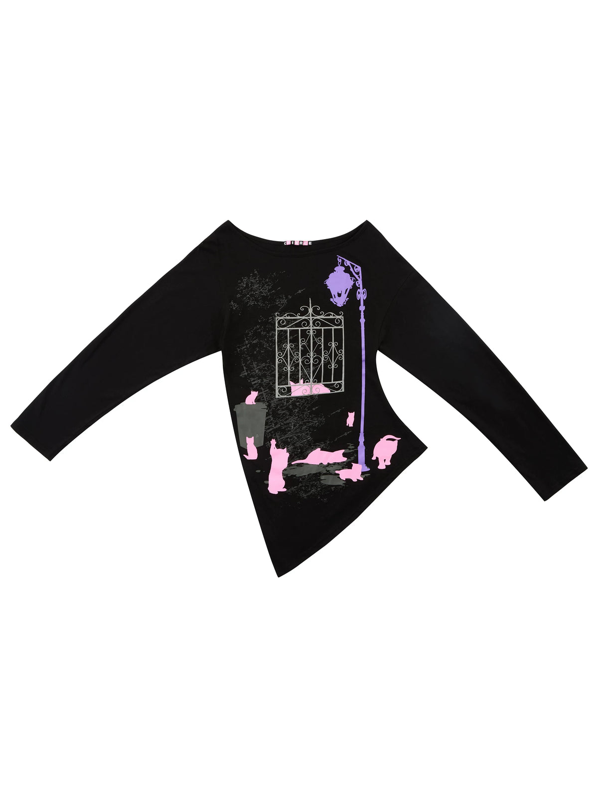 CFIERCE Night Cats Asymmetric Long Sleeve Top - black top flat lay on white
