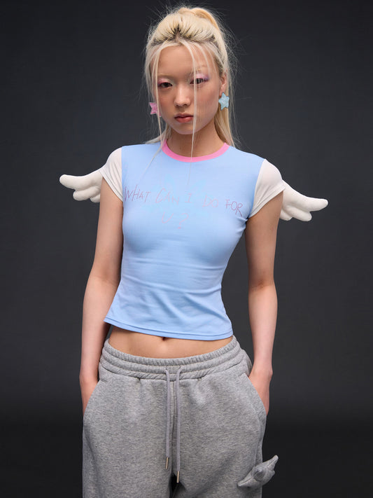 CFIERCE Angel Wing Rhinestone Baby Tee - blue front on model