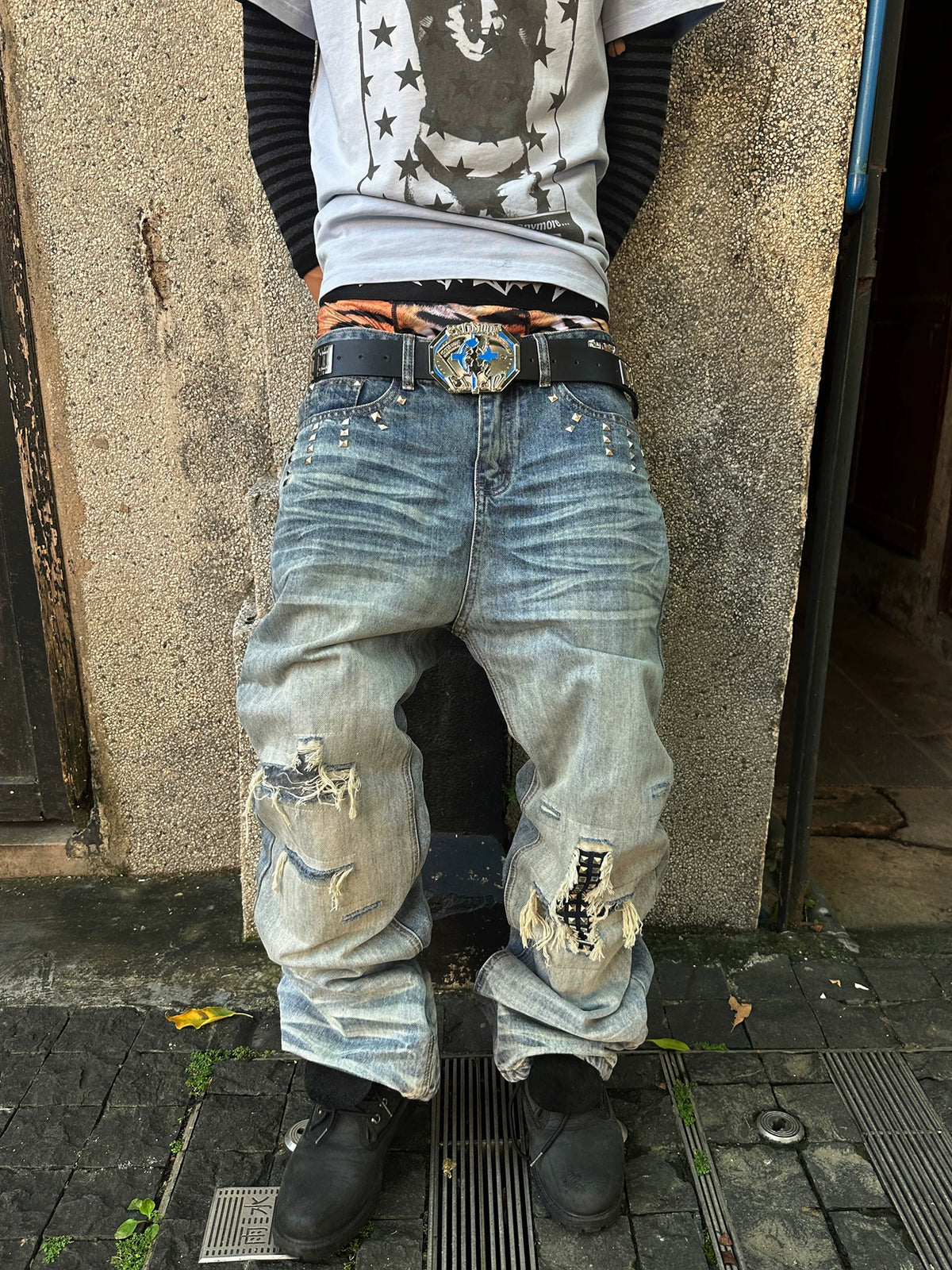 ColdAsia distressed jeans waist and cross stud detail