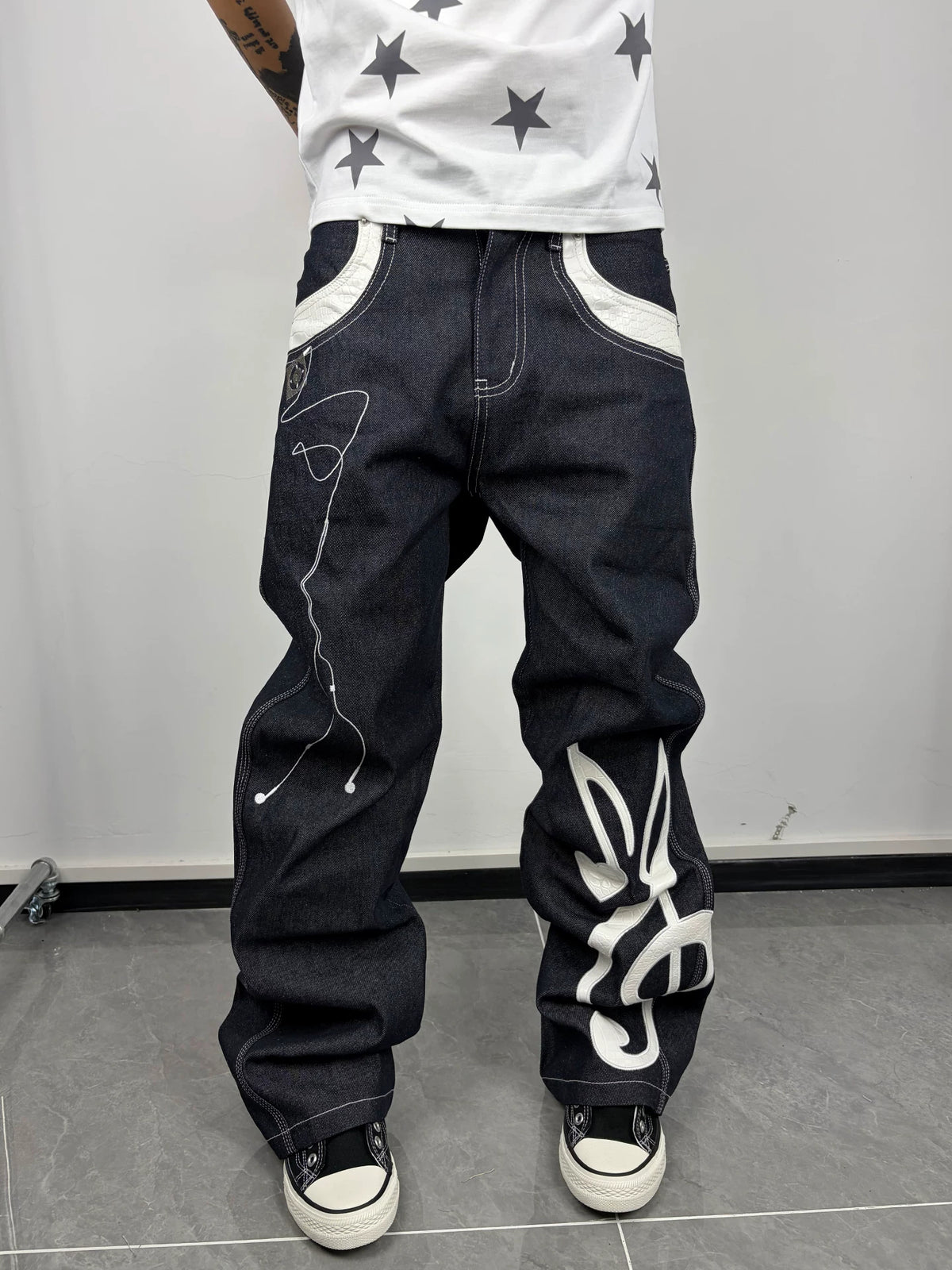 ColdAsia Music Note Appliqué Black Denim Jeans - 6