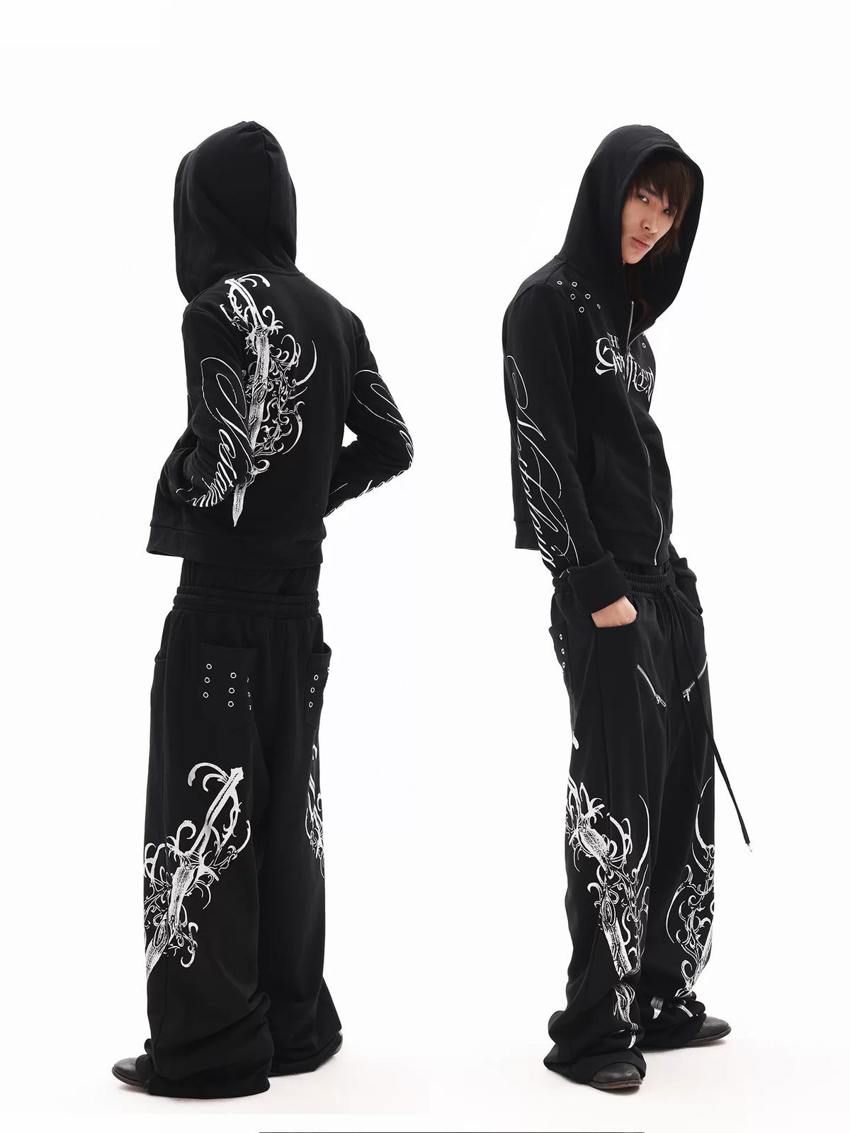 DETW Gothic Sword Print Wide-Leg Sweatpants - Black view 4