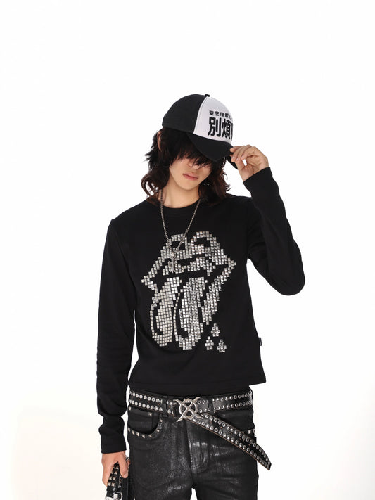 Studded Tongue Graphic Long Sleeve Tee - Black styled look