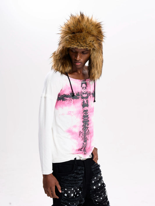 Fourth3ex Pink Cross Print Layered Long Sleeve Tee - model three-quarter view