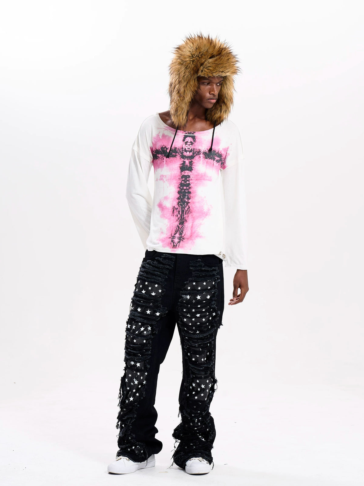 Fourth3ex Pink Cross Print Layered Long Sleeve Tee - full body standing