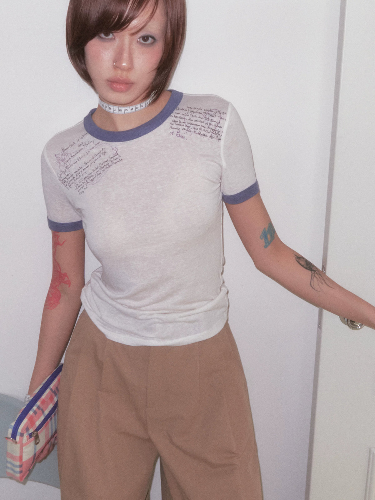 BeatleLady Script Print Ringer T-Shirt - White and blue script print and styling