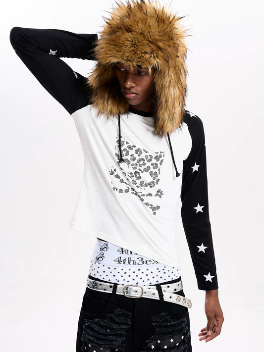 Fourth3ex Rhinestone Skull Cat Raglan Long Sleeve Tee - White side pose