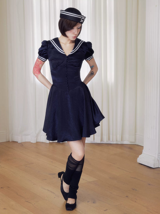 BeatleLady Sailor Collar Lace-Up Acetate Dress - Navy view 2