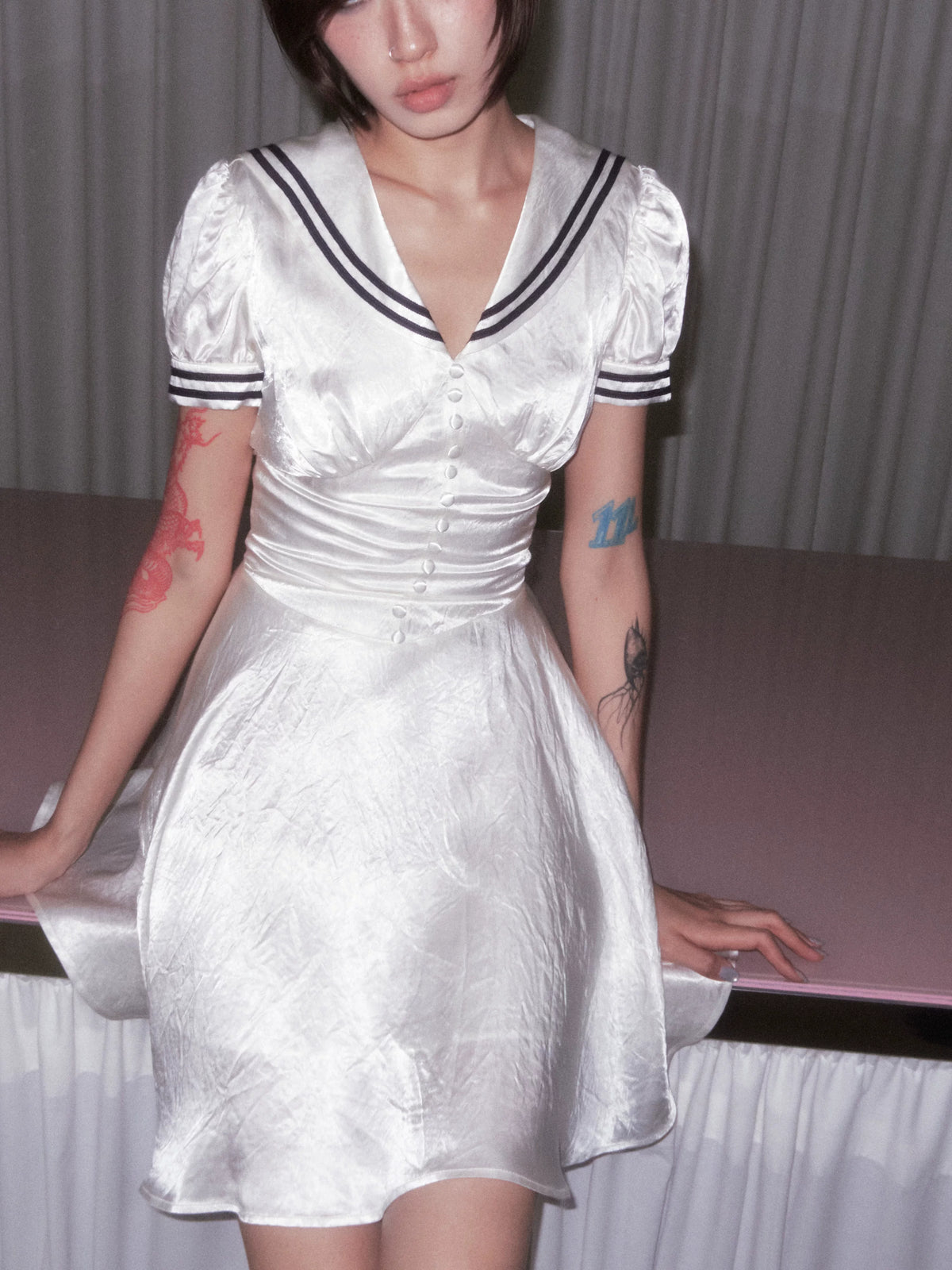 BeatleLady Sailor Collar Lace-Up Acetate Dress - Champagne view 34