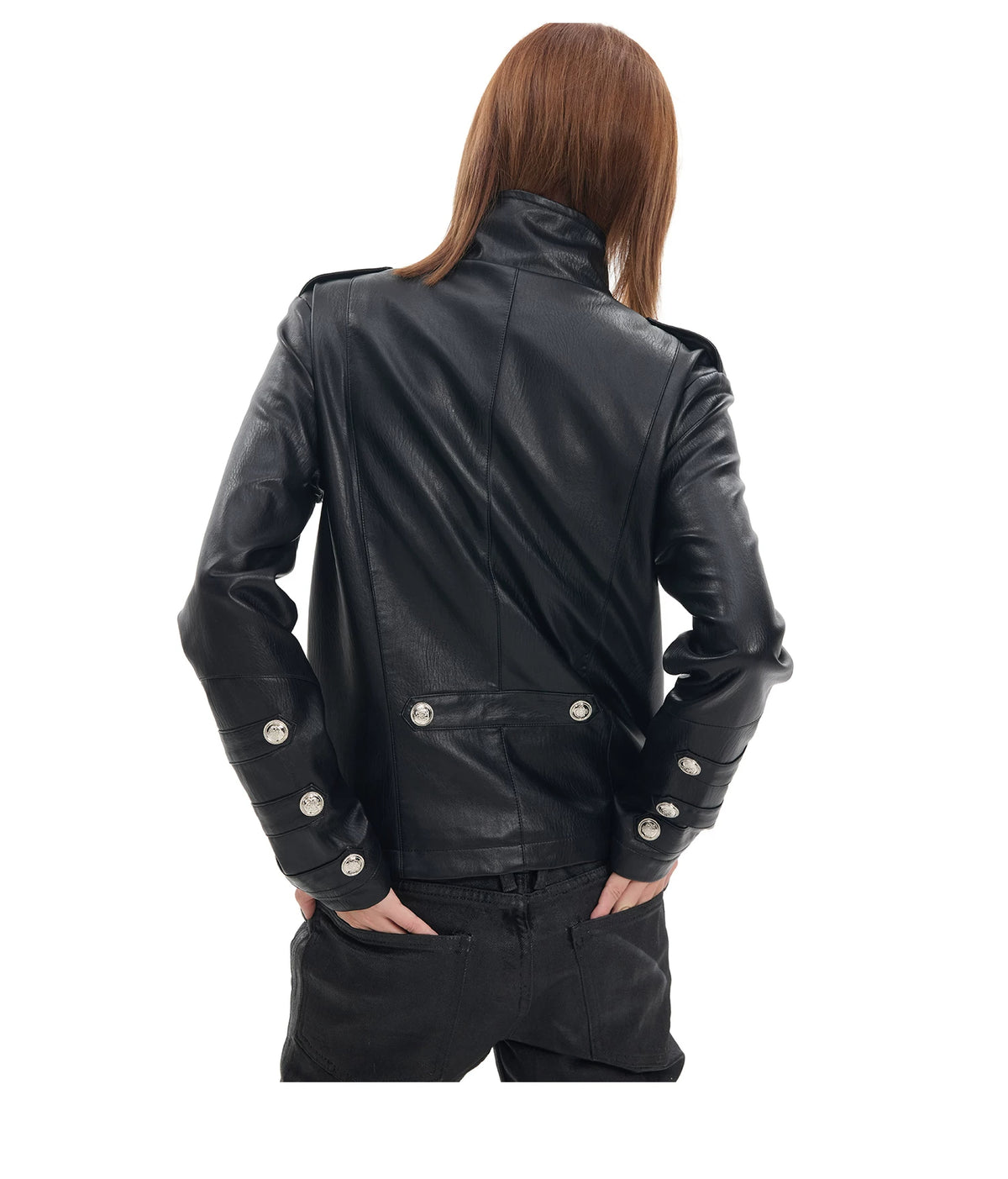 NumbAsia Military Button Epaulet Faux Leather Jacket - Black back view on model