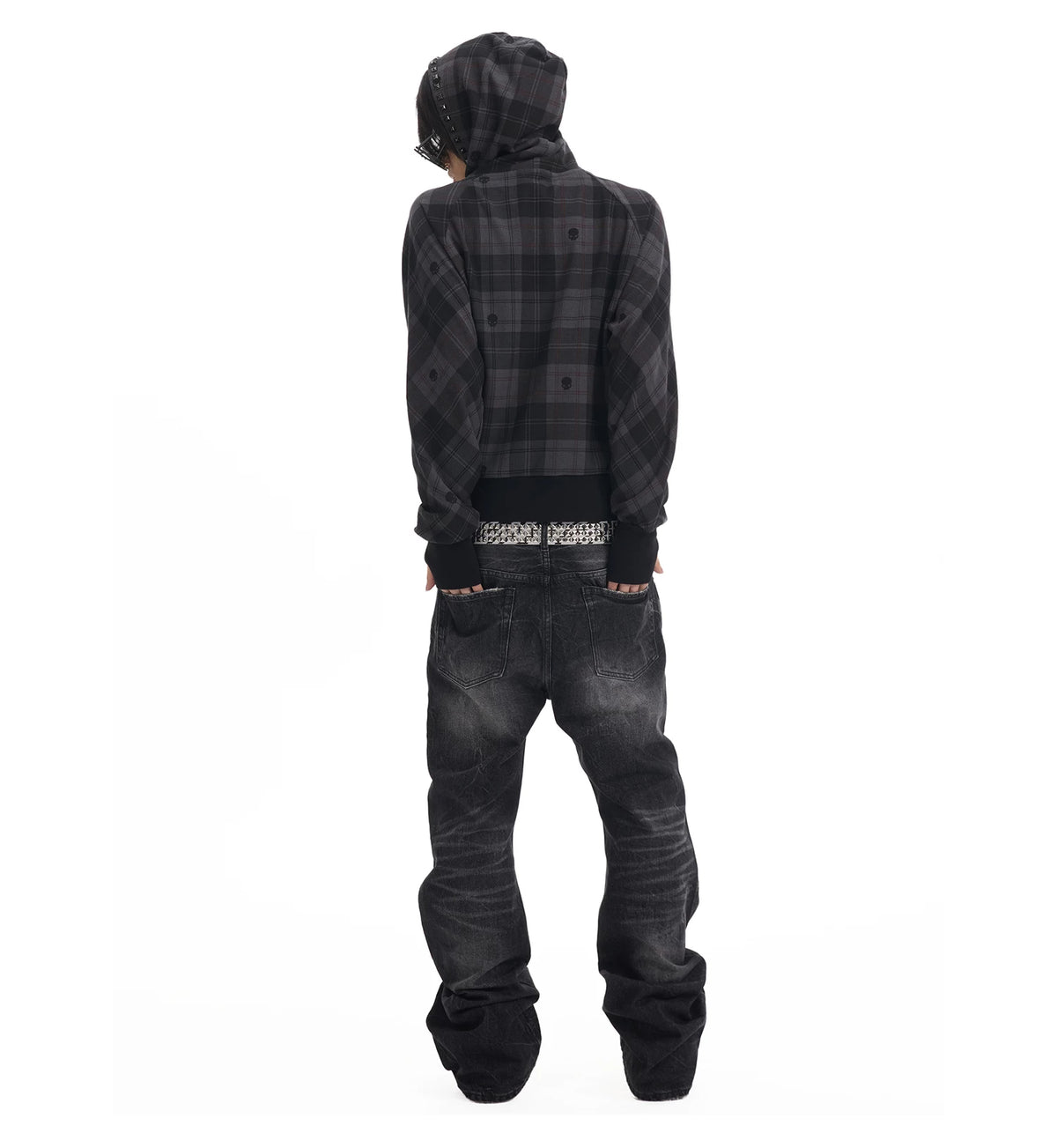 NumbAsia Studded Dark Plaid Zip Hoodie - back styling