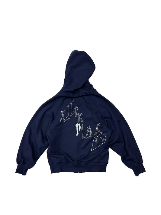 Doll Face Graffiti Print Cropped Zip Hoodie - Navy back with hand-drawn graffiti