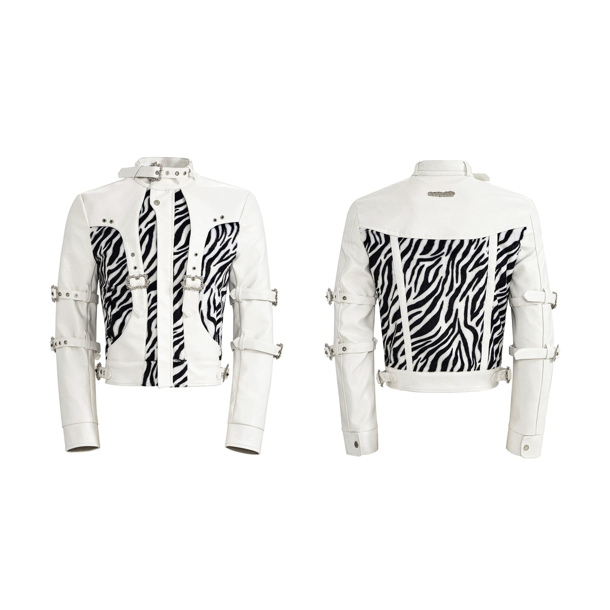 Zebra Faux Fur Panel Buckle Faux Leather Jacket - white, flat lay front and back view