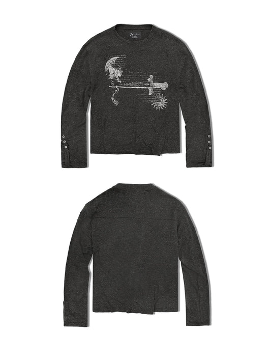WANNA LAB Odyssey Knight Sword Print Linen Blend Roll-Up Sleeve Tee - Black front and back