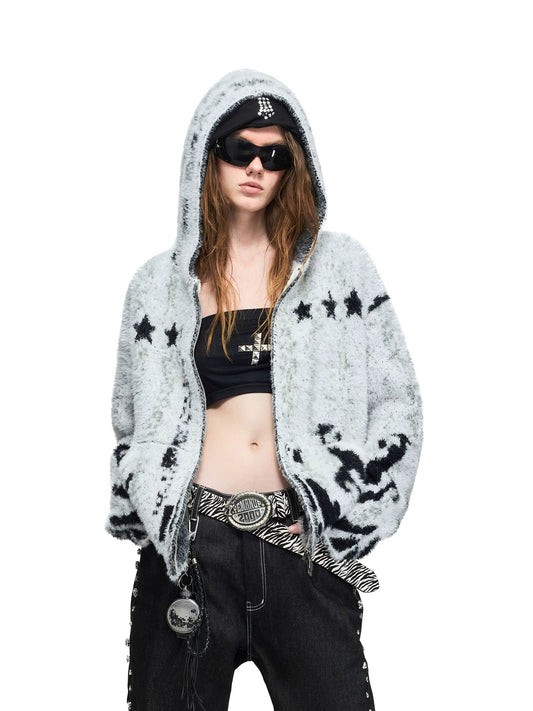 PEOPLESENSE Faux Mink Tiger Stripe Hooded Zip Cardigan - front styled