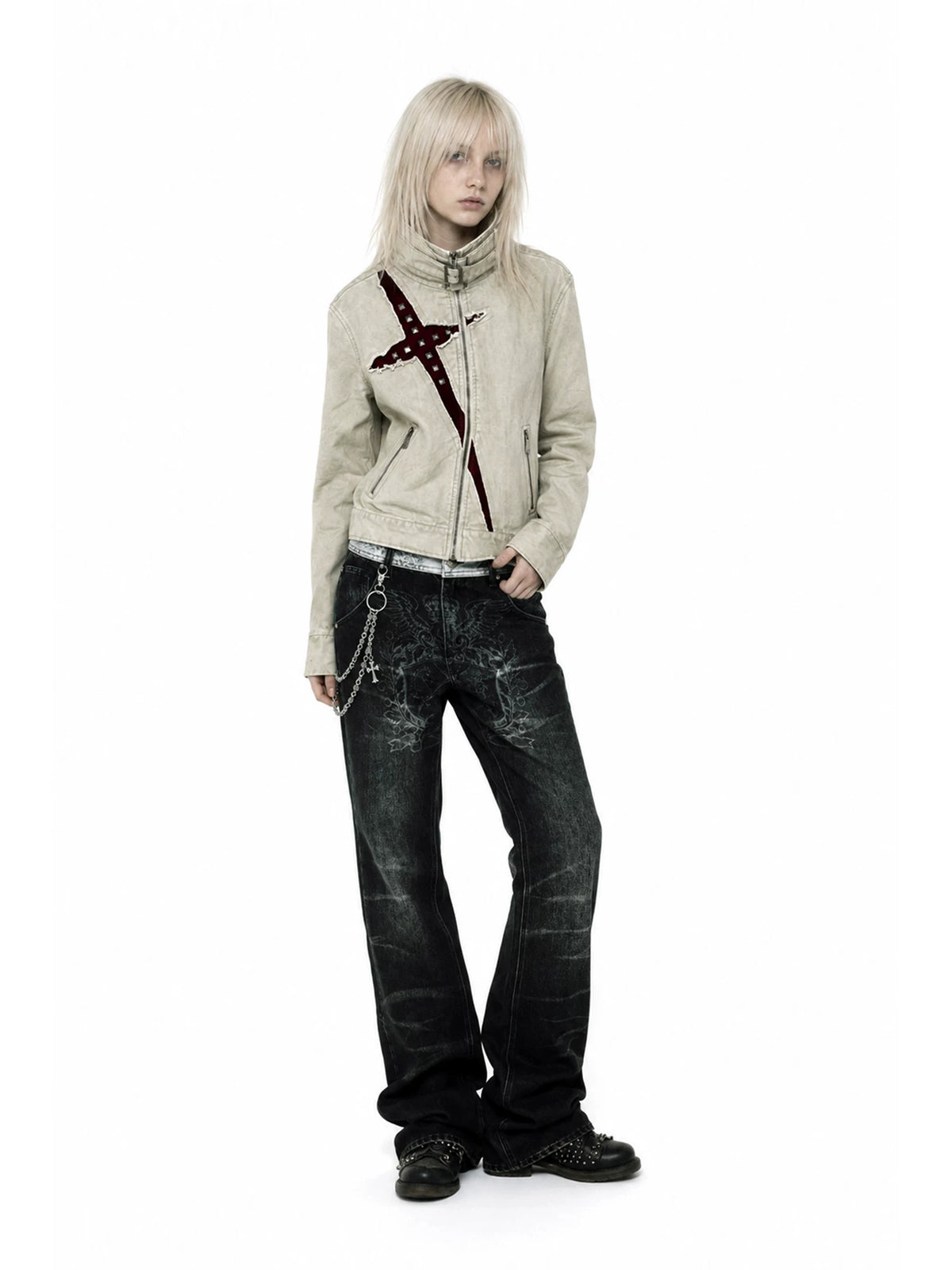 APRIORITY Studded Cross Cut-Out Buckle Collar Jacket - Greige 3/4 side on model