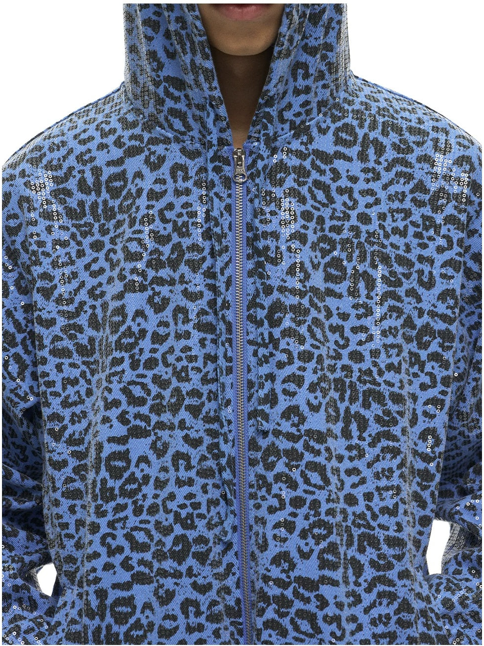 EXITMODE Leopard Sequin Zip-Up Hoodie - Blue sequin zip detail
