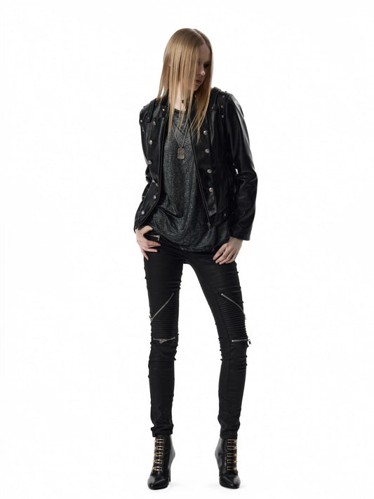 Studded Double-Breasted Napoleon Faux Leather Jacket - Black front open