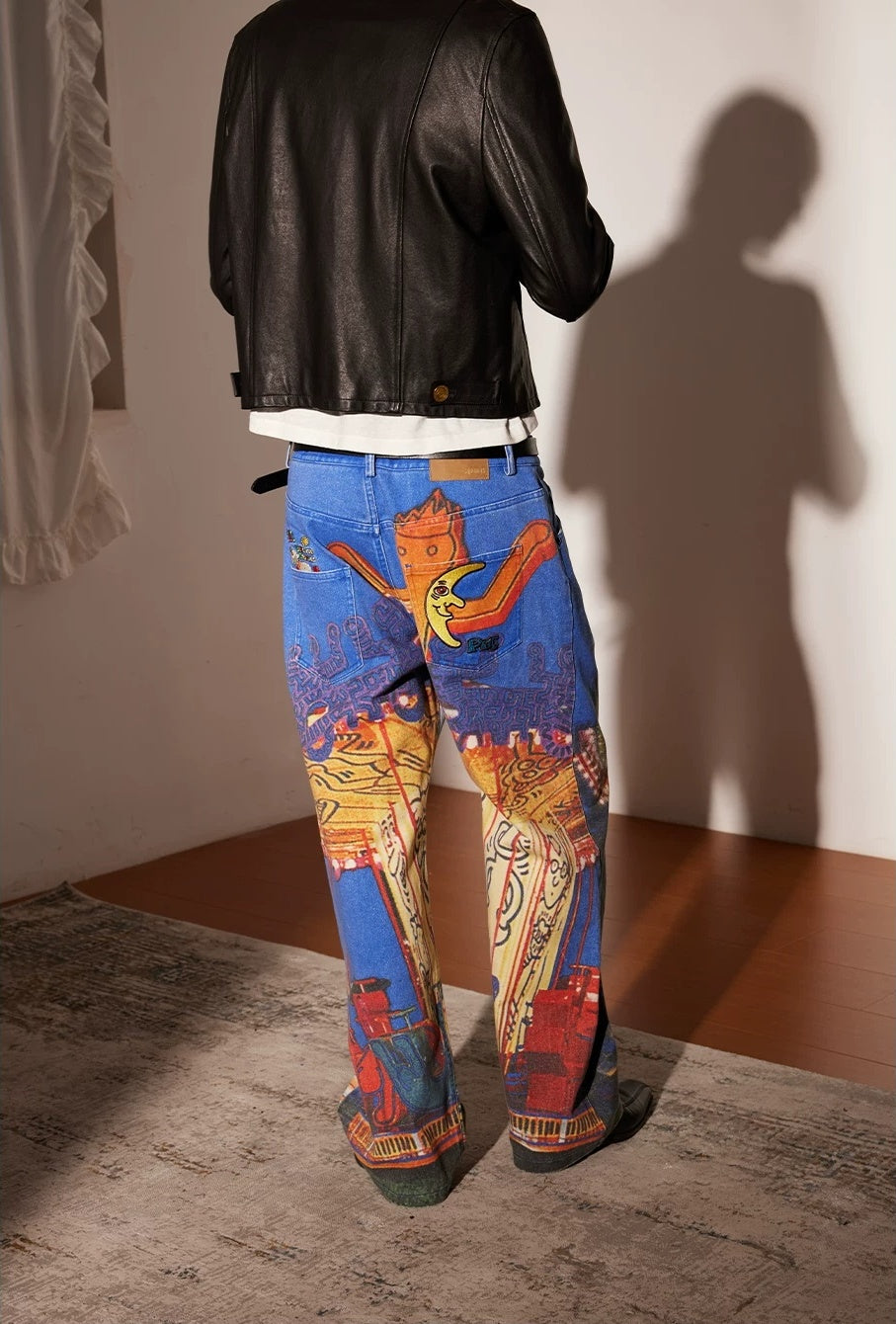 PacShop Luna Park Allover Print Straight Denim Jeans - model back with black jacket