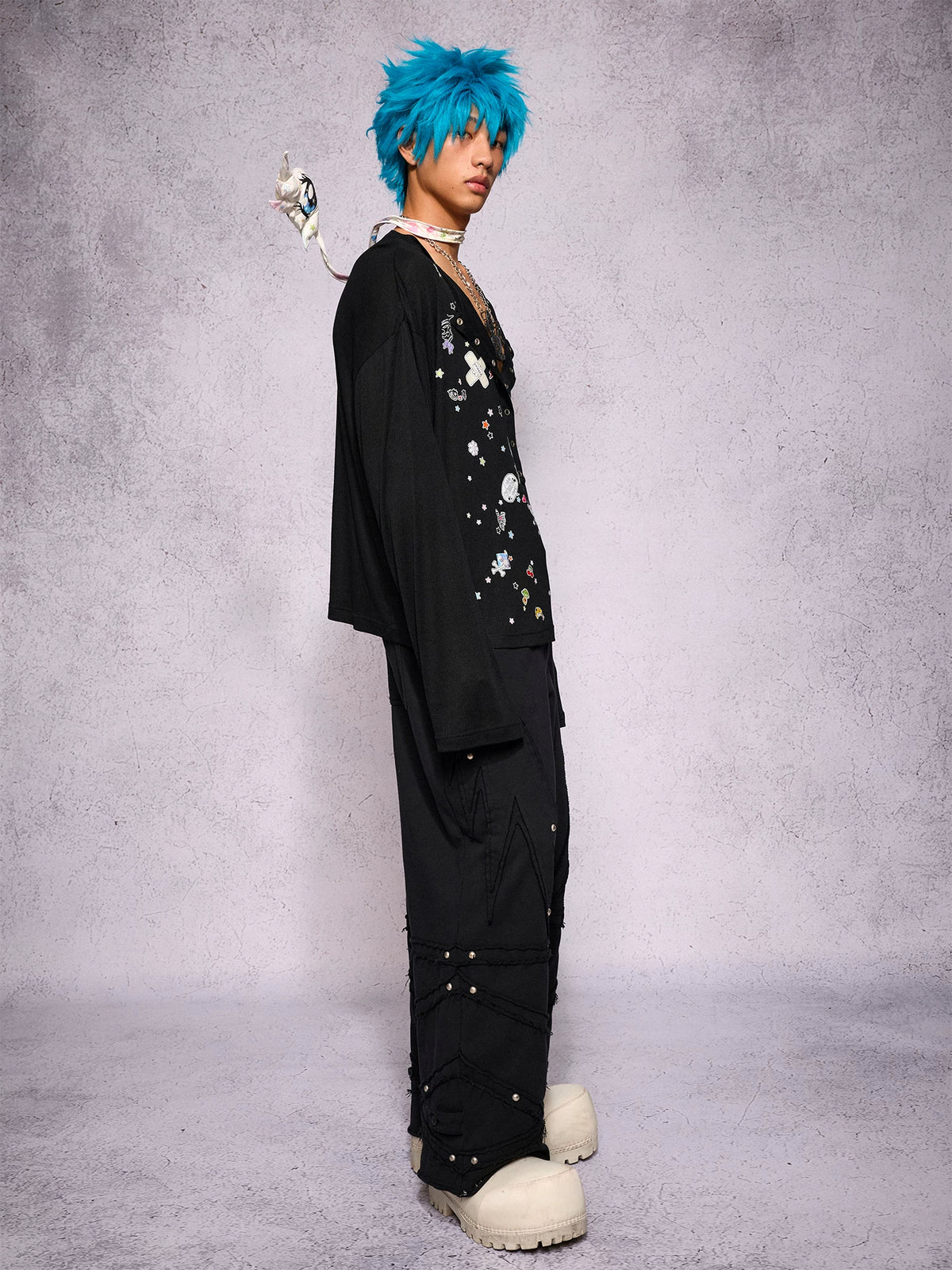 CFIERCE Sticker Print Long Sleeve Top - black top worn side profile
