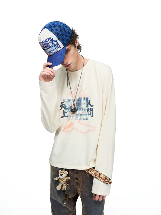 PEOPLESENSE Distressed Gradient Print Long Sleeve Tee - hand on cap
