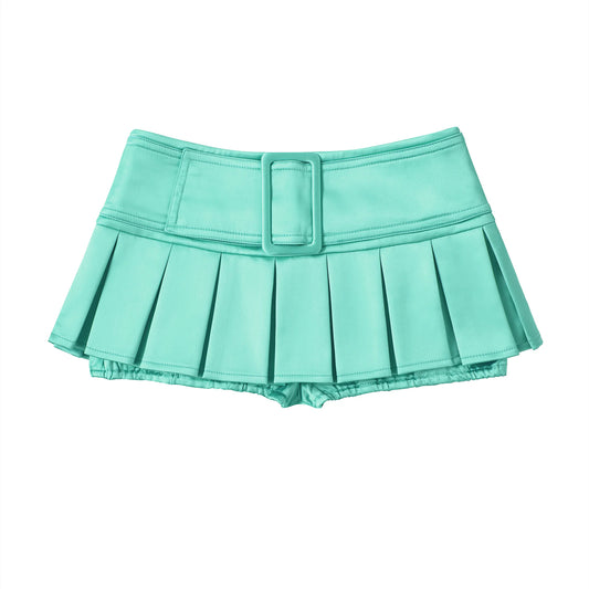 CFIERCE Satin Pleated Mini Skort - green pleated skort front product view
