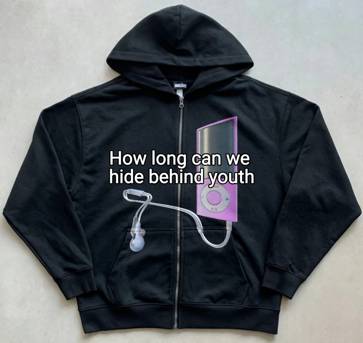 punkiboy Youth Slogan MP3 Graphic Zip Hoodie - English slogan black hoodie front flat lay