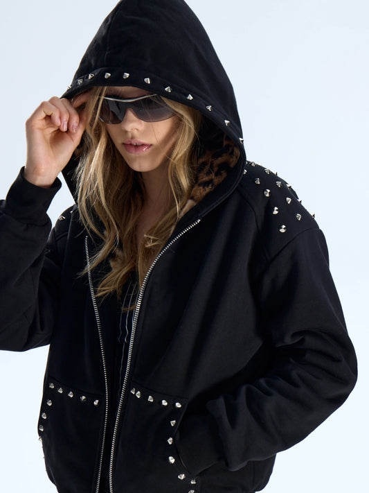 Studded Leopard Faux Fur Lined Zip-Up Hoodie - Black hood up close-up