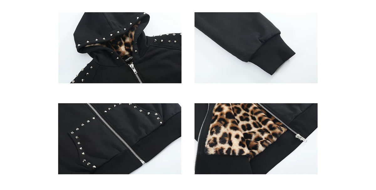 Studded Leopard Faux Fur Lined Zip-Up Hoodie - Black stud and leopard lining details