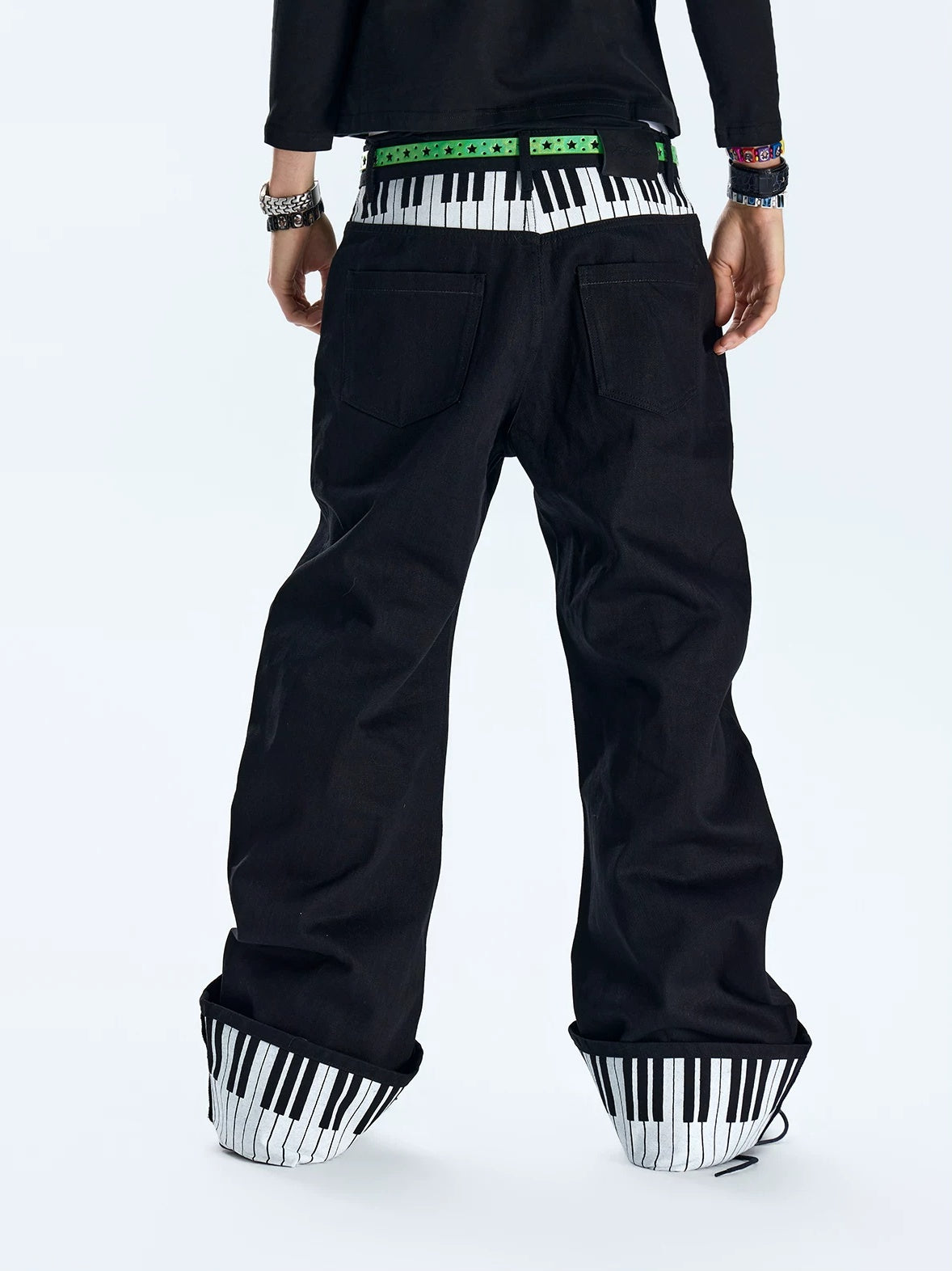 Piano Key Black Rhinestone Saber Fit Jeans - Black back