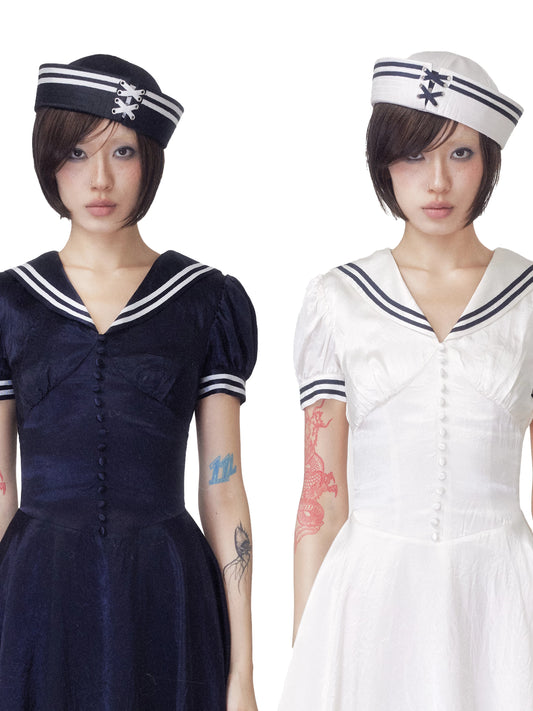 BeatleLady Satin Lace-Up Sailor Hat - Navy and Champagne modeled front